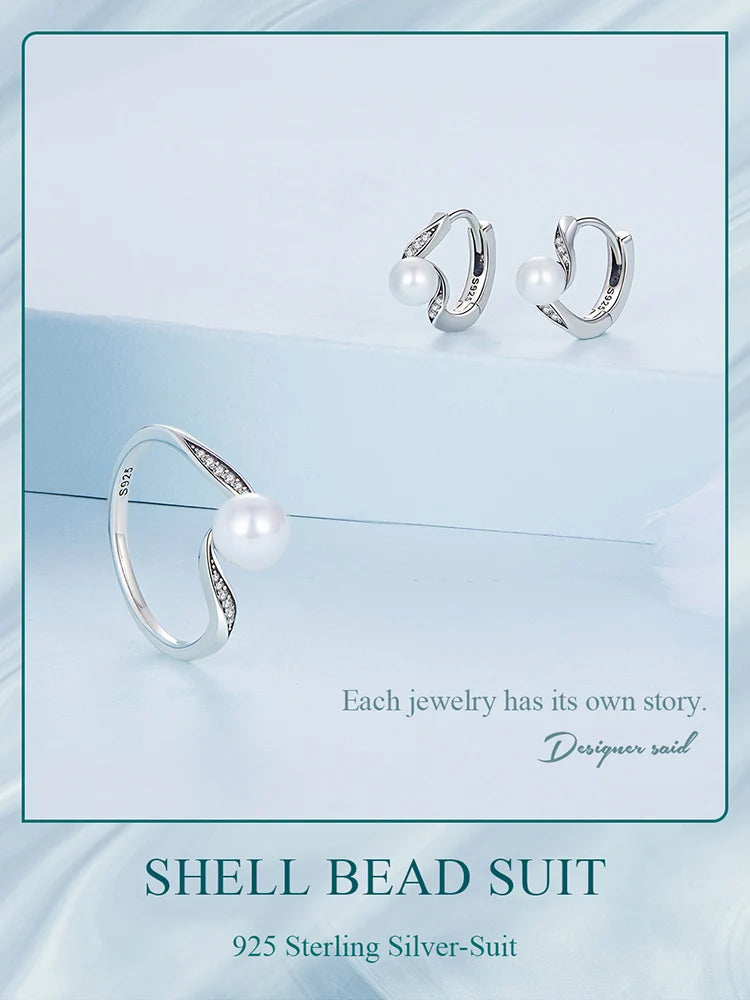 Shell Pearl Ring & Ear Buckle Jewelry Set